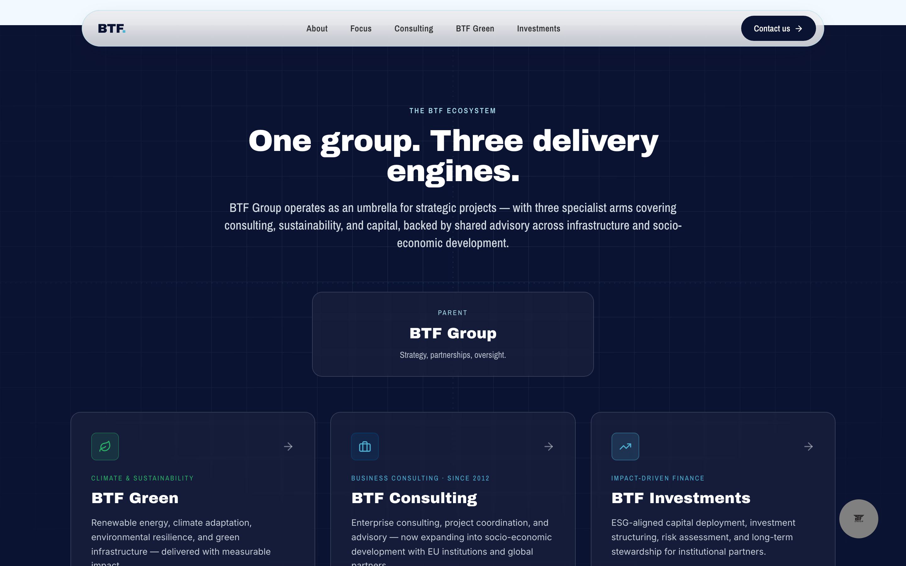 The three business arms BTF Green, BTF Consulting and BTF Investments on the new website
