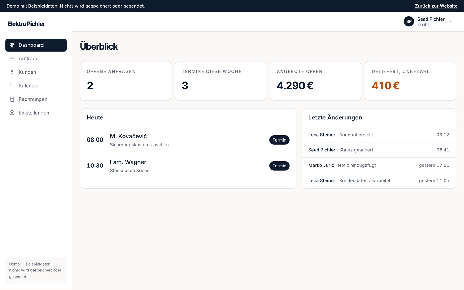 Dashboard of the Terminplaner demo app